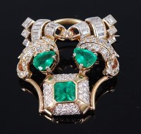 Lot 1291 - An 18ct gold, emerald and diamond brooch,...