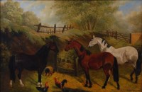 Lot 1449 - Edgar H Fisher - Farmyard with horses, pig and...