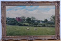 Lot 1488 - P Greenwood - Sheep grazing within a landscape,...