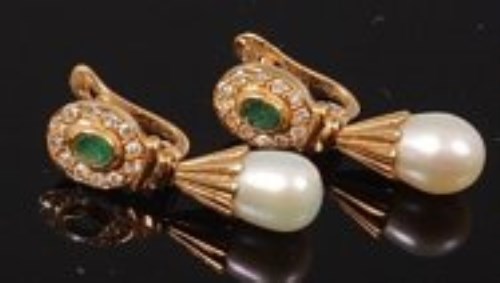 Lot 2163 - A pair of 18ct gold, cultured pearl, emerald...