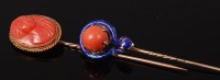 Lot 2194 - A 15ct gold mounted coral pin brooch, carved...