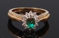 Lot 2210 - A 9ct gold, emerald and diamond flower head...