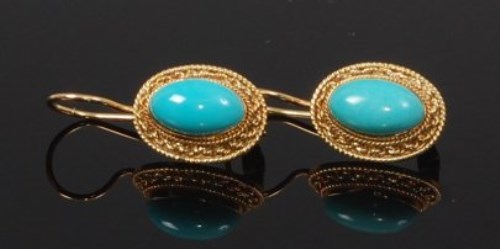 Lot 2277 - A pair of 18ct gold and cabochon turquoise set...
