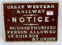 Lot 18 - Great Western Railway cast iron sign...