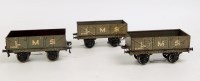Lot 361 - 3x Bassett-Lowke prewar grey LMS open wagons,...