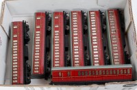 Lot 845 - 7 H-Dublo D13 tinplate suburban coaches maroon...
