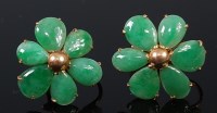 Lot 2309 - A pair of 18ct gold and jade flower head ear...