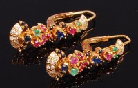 Lot 2335 - A pair of 18ct gold and multi-gem set ear...