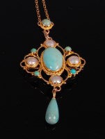 Lot 2373 - A 9ct gold, turquoise and split pearl set...