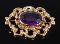 Lot 2086 - A 9ct gold amethyst brooch, the large oval cut...