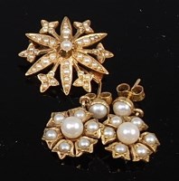 Lot 2194 - A pair of 9ct gold and seed pearl set flower...