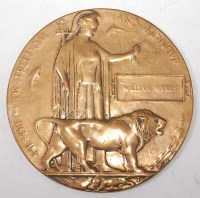 Lot 469 - A WW I bronze memorial plaque, naming William...