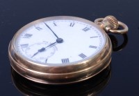 Lot 1232 - A gents 9ct gold cased open faced pocket watch,...