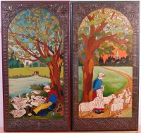 Lot 410 - A pair of Arts & Crafts poker-work wall panels,...