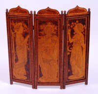 Lot 413 - An Arts & Crafts poker-work triptych fire...