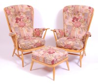 Lot 419 - A pair of Ercol blond elm stickback armchairs,...