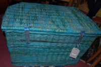 Lot 1376 - A green painted wicker hinge top travelling...