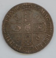 Lot 7 - England, 1666 crown, Charles II draped and...