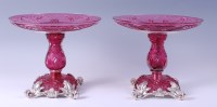 Lot 1085 - A pair of Russian silver and cranberry glass...