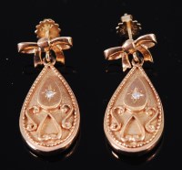 Lot 1242 - A pair of circa 1900 yellow gold ear pendants,...