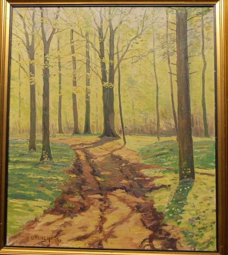 Lot 1004 - Lorenz Holm - Sunlit woodland path, oil on...