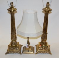Lot 12 - A pair of modern brass column table lamps,...