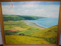 Lot 1063 - FG Trott - cottages and fields before a bay,...