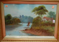 Lot 1095 - F Johan - river landscape with castle, oil,...
