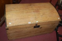 Lot 1389 - A pine and metal bound dome top travelling...