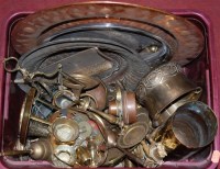 Lot 196 - A box of miscellaneous metalware to include;...