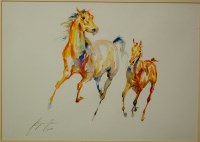 Lot 1023 - Jackie Jones - Gamboling horses, watercolour,...