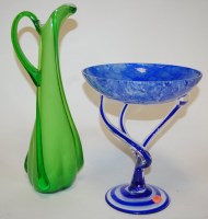 Lot 48 - A modern studio green glass ewer together with...