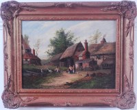 Lot 1471 - E Larrer - Farmyard scene with figures, ducks...