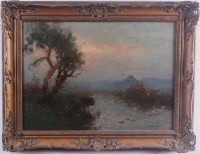 Lot 1473 - G D Brower? - River landscape at sunset, oil...