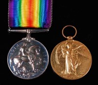 Lot 209 - A WW I British War and Victory duo, naming...