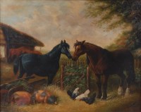 Lot 1089 - After J F Herring - Farmyard scene with horses,...