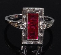 Lot 905 - An Art Deco white metal, ruby and diamond...