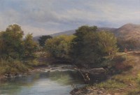 Lot 1079 - H Hale - Lone fisherman on the riverbank,...