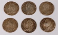 Lot 30 - Great Britain, six George II sixpences; 1750,...