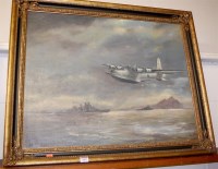 Lot 1002 - Castle - Warships and Bomber off the coastline,...
