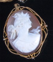 Lot 218 - A carved shell cameo brooch, depicting profile...