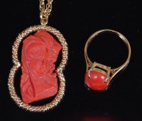 Lot 1324 - A 9ct gold and coral set pendant, the coral...