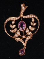 Lot 709 - An Edwardian 9ct gold seed pearl and amethyst...