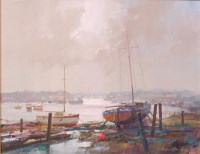 Lot 260 - Brian O'Hanlon - Boats on the estuary, oil on...