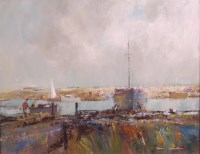 Lot 262 - Brian O'Hanlon - Boats on the estuary, oil on...