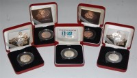 Lot 109 - Five cased silver proof fifty pence coins; 150...