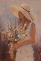 Lot 205 - Roy Petley (b.1951) - Girl with flowers, oil...