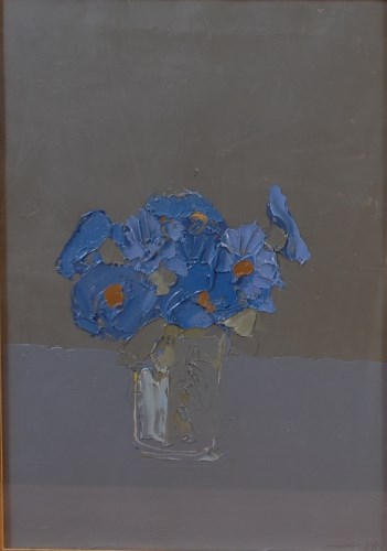 Lot 168 - # Bernard Myers (b.1925) - Blue Petunias, oil...