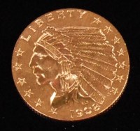 Lot 148 - USA, 1908, 22ct gold Indian head 2.5 dollar or...