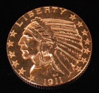 Lot 149 - USA, 1911, 22ct gold Indian head five dollars...